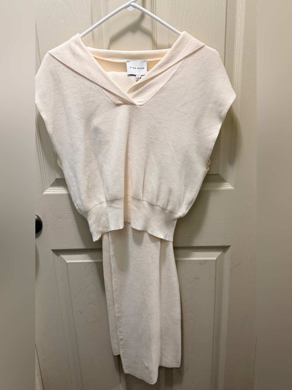 Pink Rose Cream Knit Hooded Sweater Vest and Skirt Set